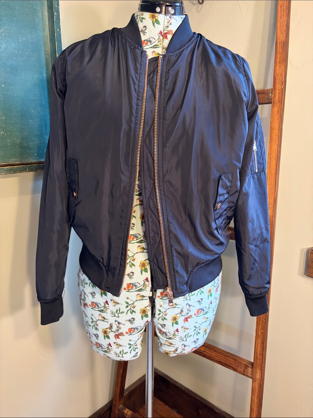 Ci Sono Satin Bomber Jacket with Rose Gold Zipper
